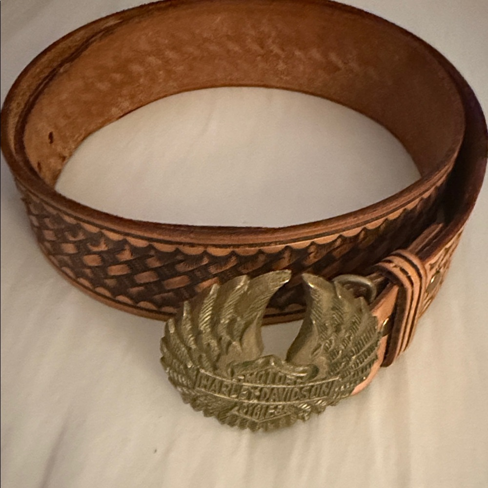 Vintage Harley Davidson Brass Belt Buckle with Tool Leather Belt